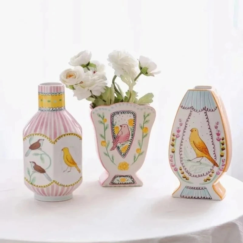 Nightingale Rose Ceramic Vase Prosperous Peach Blossom Double sided Hand drawn Vase Home Office Exquisite Decoration Bird Vase