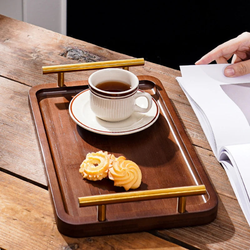 Wooden Tray with Golden Metal Handle for Water Cup Fruit Food Bread Sundries Serving Tray Household Organizer