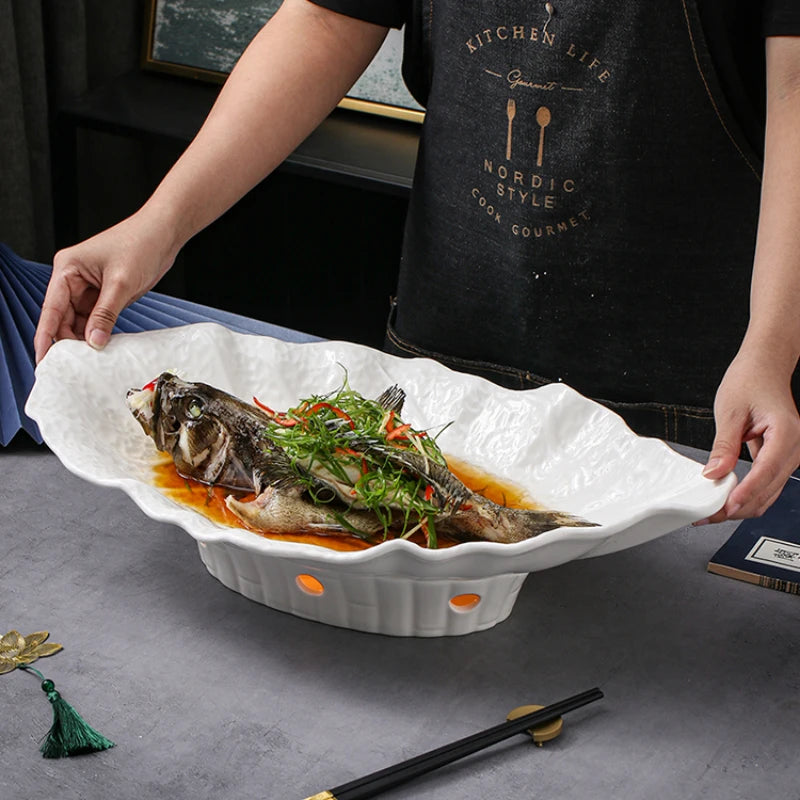 Large Irregular Fish Plate Household Cauldron Bowl Heating and Insulation Plate Ceramic Hotel Tableware Soup Plate