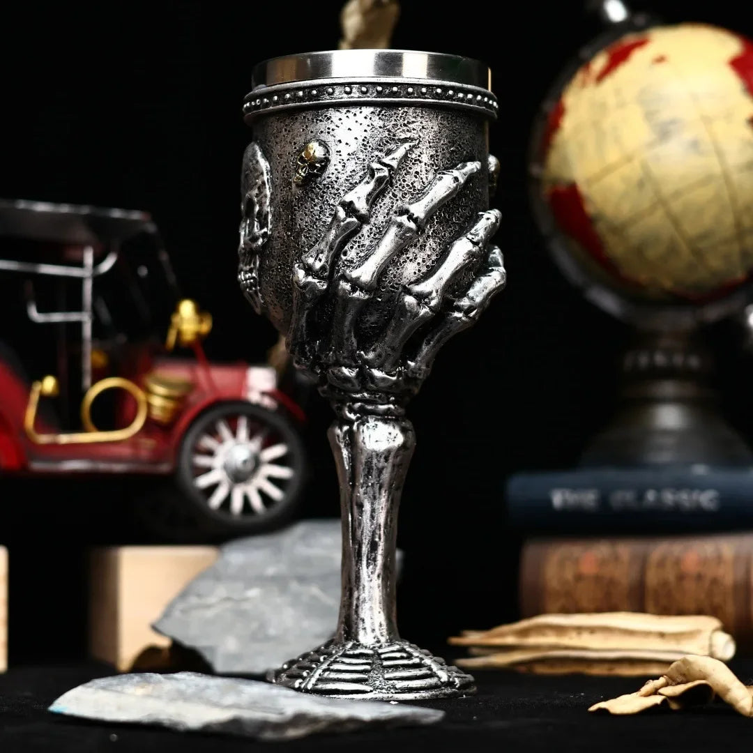 Silver Skull Goblet Stainless Steel Insert 3D Retro Gothic Fantasy Skeleton Wine Glass Halloween Beer Mug and Cup Halloween Gift