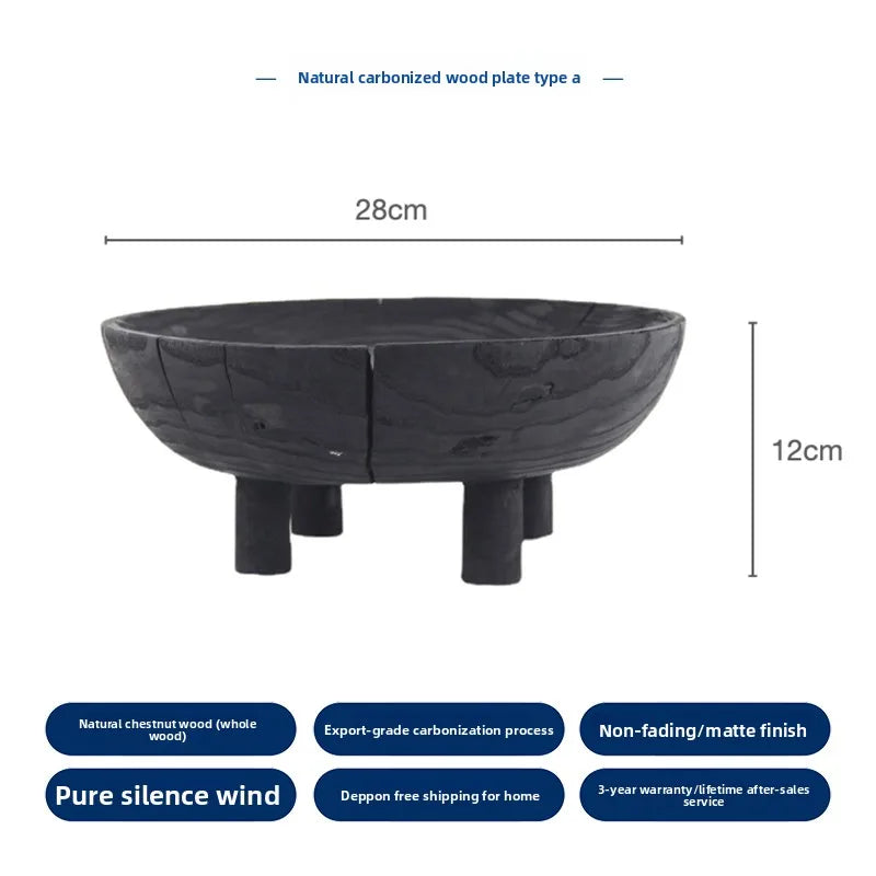 Wabi Sabi Charred Wood Tray Black Fruit Bowl Minimalist Display Platter for Hotel Rustic Storage Tray for Living Room Decoration