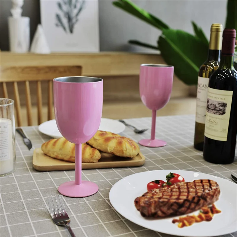 Practical-2PCS Insulated Pink Wine Glasses Double Wall Food Grade Stainless Steel Travel Wine Cup With Leak Proof Lid For Adult,