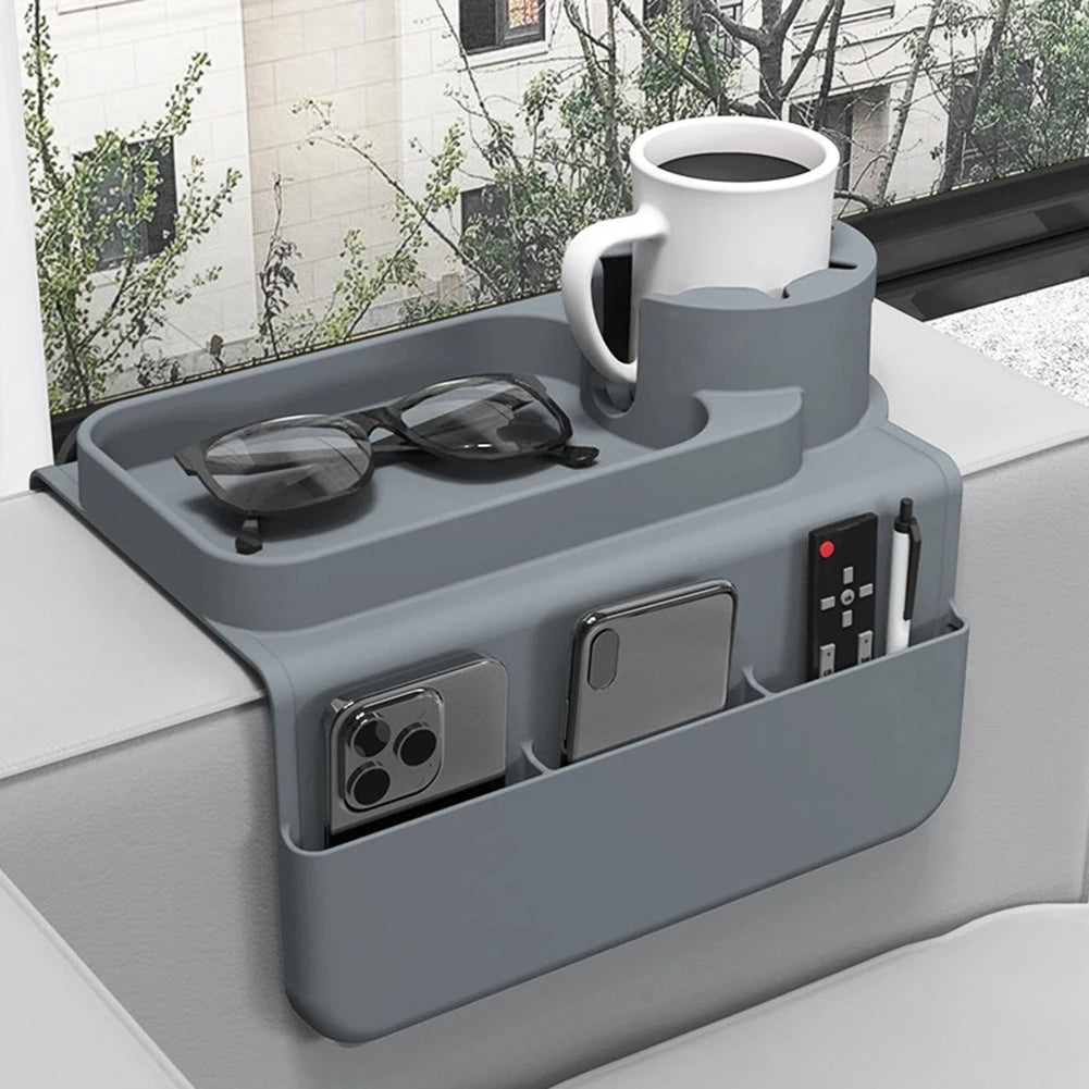 Silicone Couch Cup Holder Tray with Side Pockets Couch Armrest Table Waterproof Couch Arm Caddy for Snack Drinks Spectacles