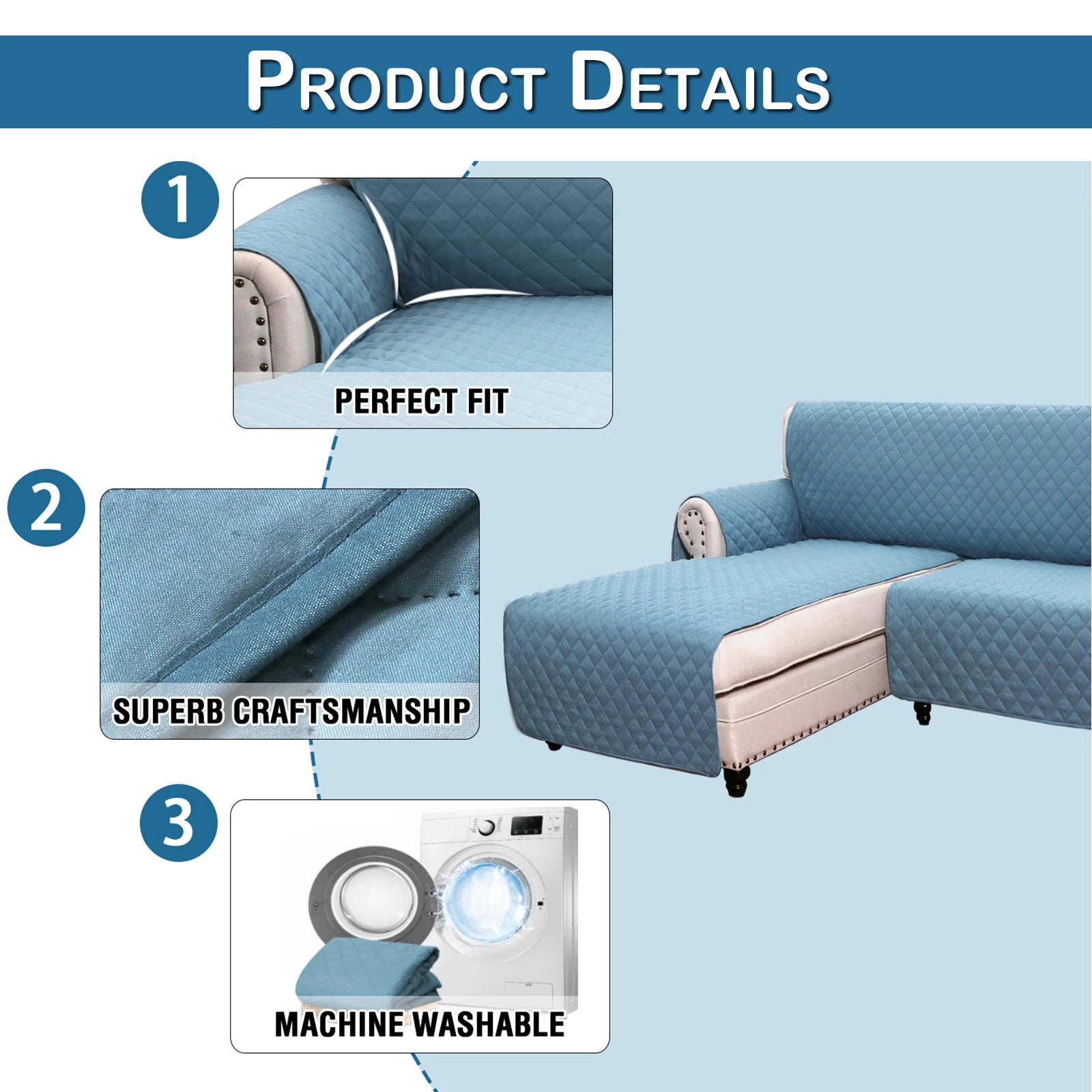 Quilted Corner Sofa Covers for Living Room Waterproof Reversible L-Shape Couch Slipcover Washable Pet Protector Mat Furniture