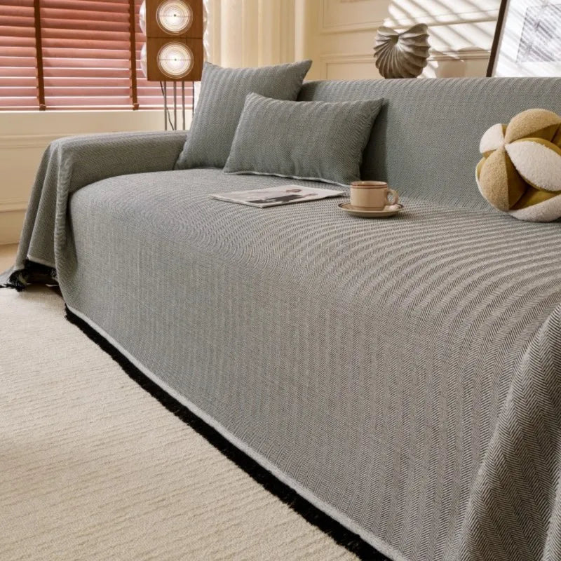 All-Season Universal Full Coverage Non-Slip Couch Imitation Llinen Solid Couch Camping Blanket Vintage Wave Pattern Sofa Cover