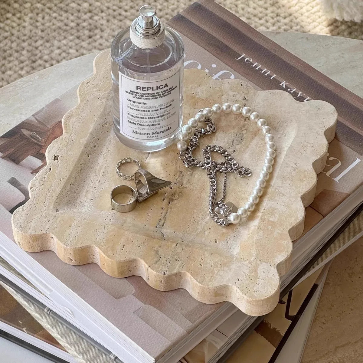Decorative Travertine Tray, Square Scalloped Edge Natural Stone Jewelry Organizer, Home Decor Storage for Keys Rings Essentials