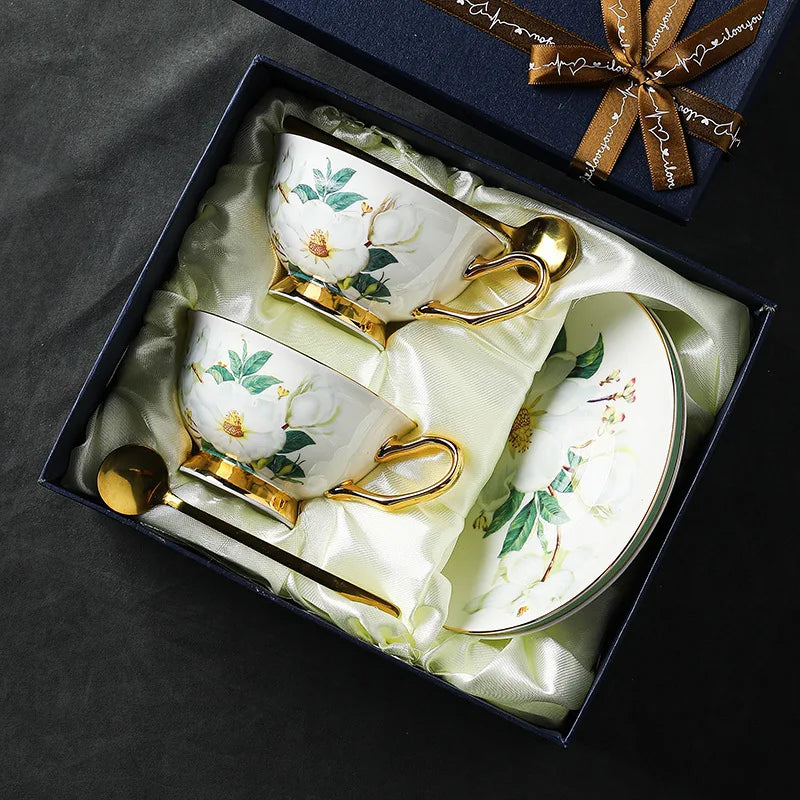 Exquisite Bone China Coffee Cup and Dish Gift Box Set, Afternoon Tea Set, Camellia Flower Pattern Exquisite Gift Box