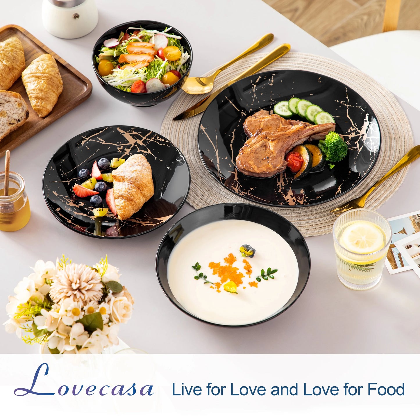 LOVECASA 24 Piece Gold Splash Glaze Dinnerware Sets Porcelain Plates Dinner Set with 6 PCS Dinner Plate/Dessert/Soup Plate/Bowl