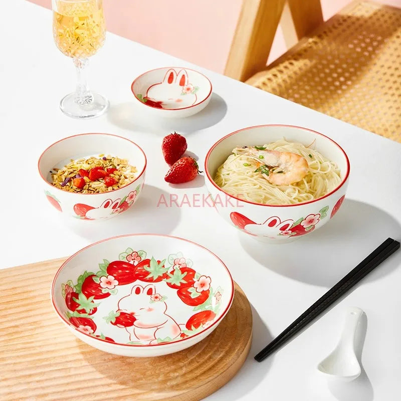 Strawberry and rabbit tableware set, underglaze color household ceramic cute rice bowls and plates