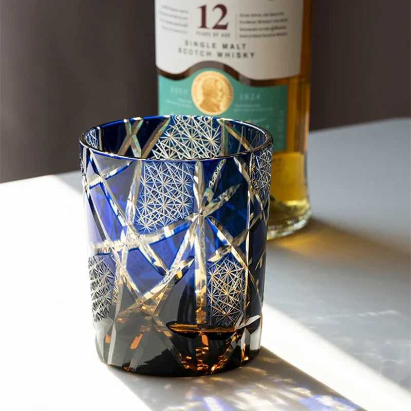 Japanese Royal Special Retro Wine Tumbler, Hand Cut, Flashing Lightning Design, Amber Whiskey Glass, High End Gift Box, Edo Kiri