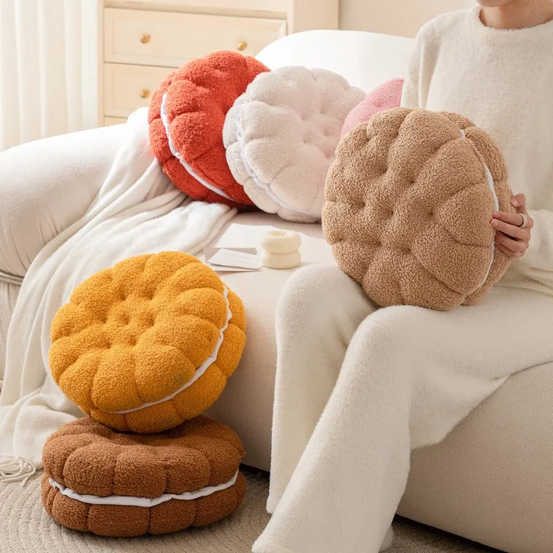 Lamb Wool Biscuit Cushion Cute Cartoon Plush Bolster with Round Sandwich Cookies Home Office Sofa Chair Decorative Pillow