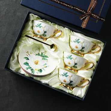 Exquisite Bone China Coffee Cup and Dish Gift Box Set, Afternoon Tea Set, Camellia Flower Pattern Exquisite Gift Box
