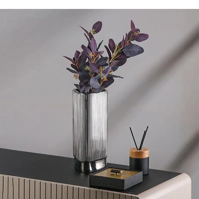 Silver-plated Vertical Grain Ceramic Vase Desk Decoration Geometric Shape Floral Vases Flower Pots Decorative Arrangement