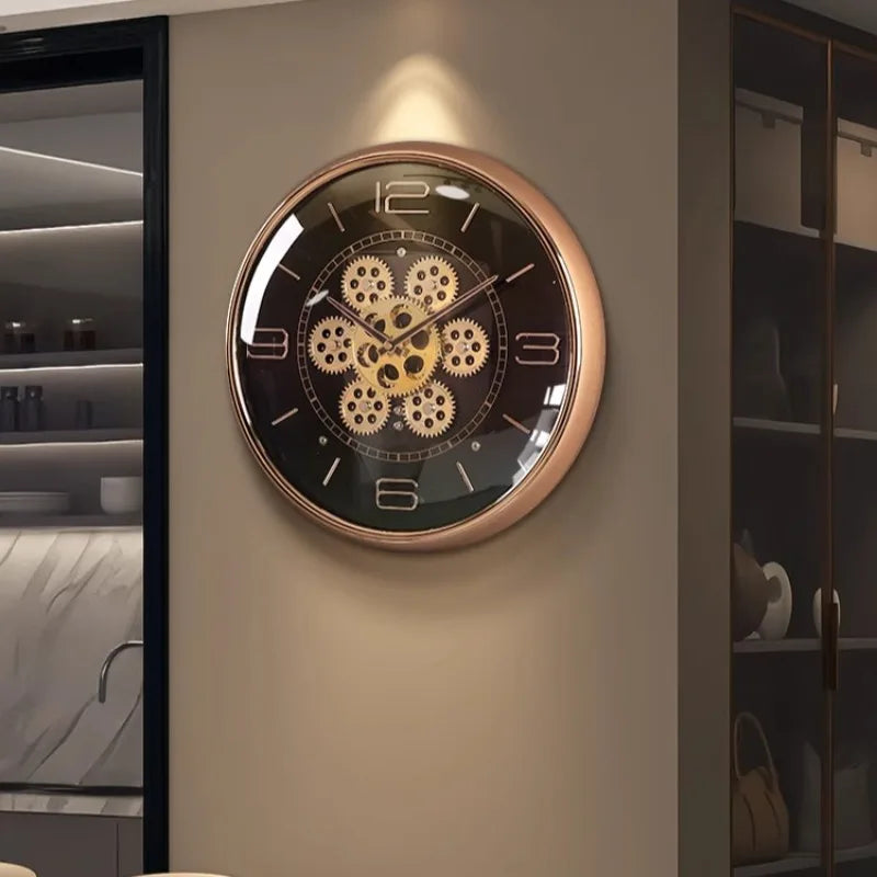 Luxury Round Silent Wall Clocks Creative Gear Rotate Big-numbers Living Room Wall Clock Metal Pointer Vintage Simple Home Decor