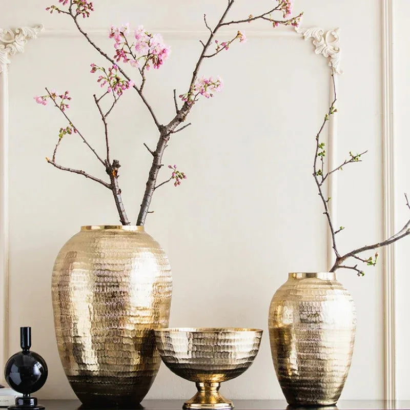 Gold candle holder aluminum hammered pattern decorative bowl round vase vintage home décor living room dining home flower vessel