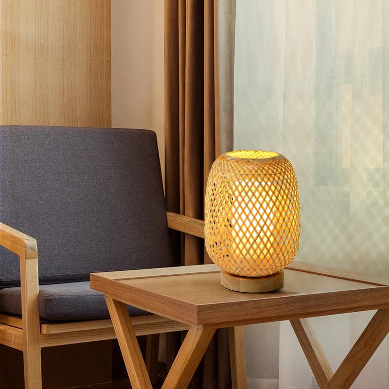 OUDELADI Vintage Bamboohandicraft Table Lamps Handmade bedroom bedside desk lights living room decor warm bamboo wood lamp