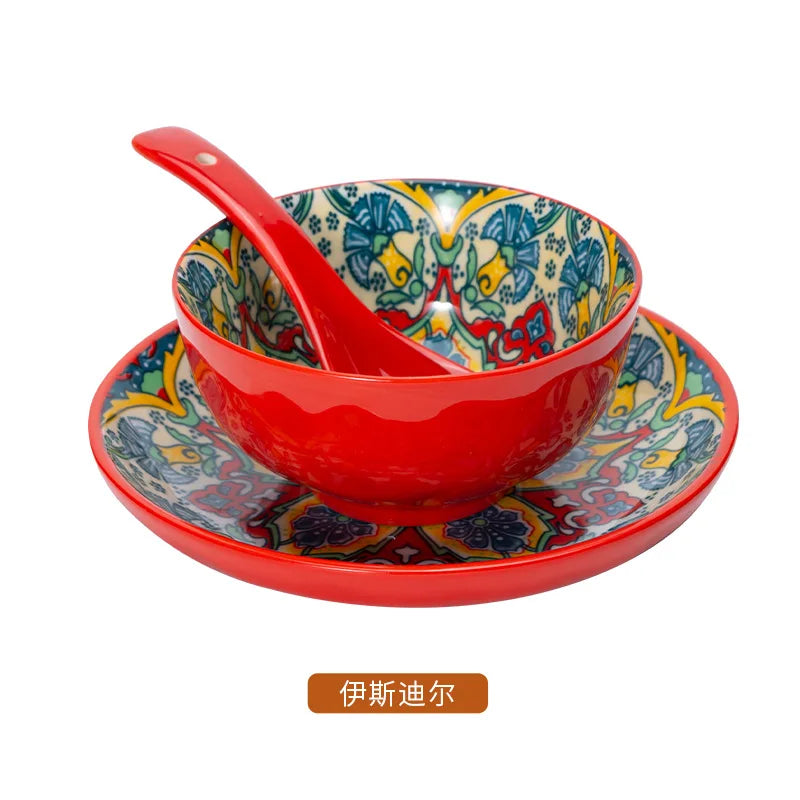 Ceramic Tableware Set Three-Piece Household Rice Bowl Plate Spoon Set Restaurant Hot Pot Barbecue Shop Commercial