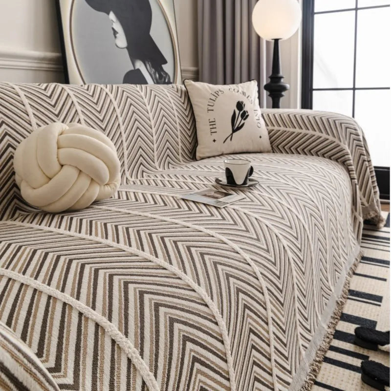 All-Season Chenille Sofa Cover Slipcover Cat Scratch Resistant Dustproof Sofa Cushion Universal Wavy Pattern Sofa Blanket Mats