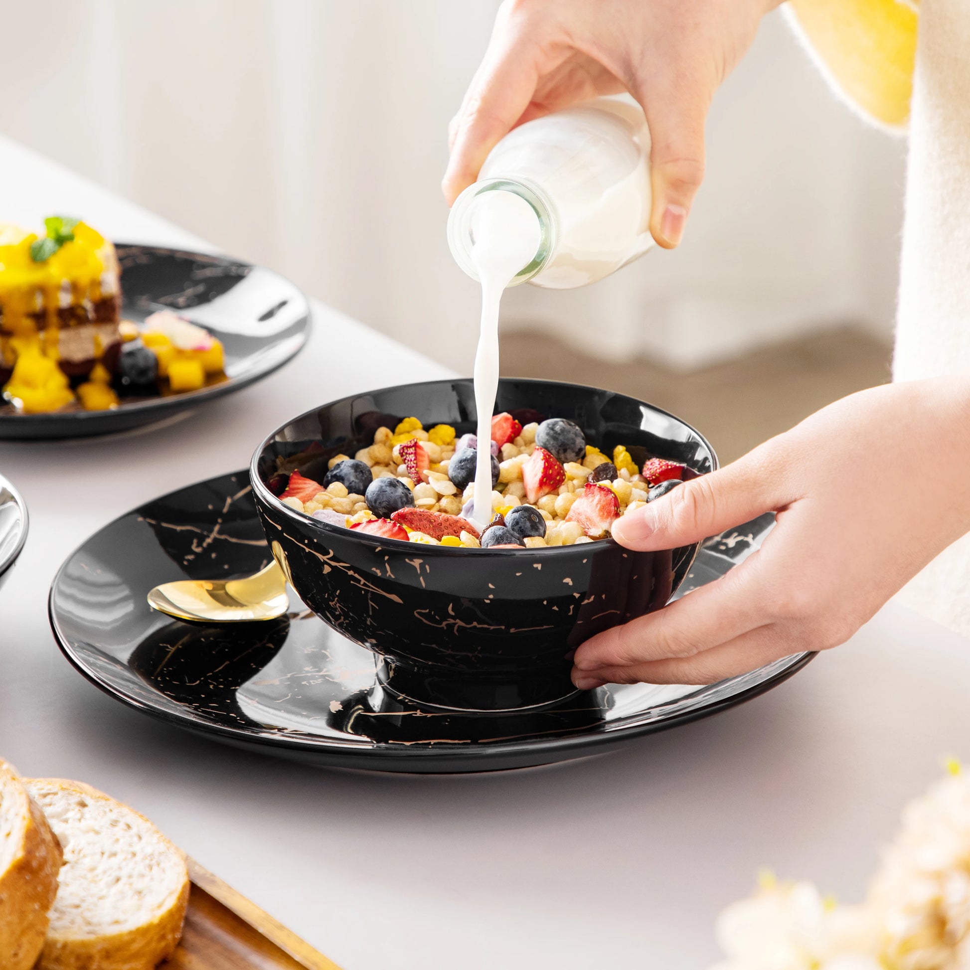 LOVECASA 24 Piece Gold Splash Glaze Dinnerware Sets Porcelain Plates Dinner Set with 6 PCS Dinner Plate/Dessert/Soup Plate/Bowl