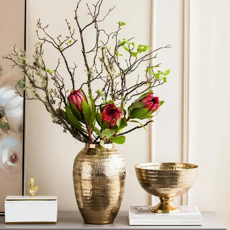 Gold candle holder aluminum hammered pattern decorative bowl round vase vintage home décor living room dining home flower vessel