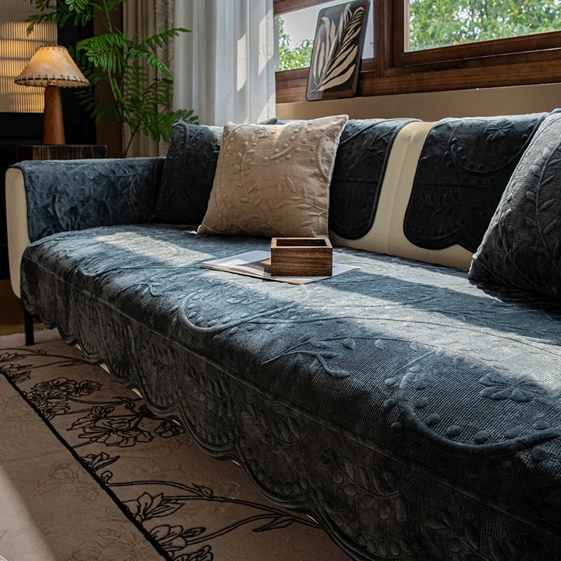 EIFLOY French Vintage Velvet  L Shape Sofa Cover, 3 Seater, Soft Plush Couch Slip Covers, Non Slip Quilted Furniture Protectors