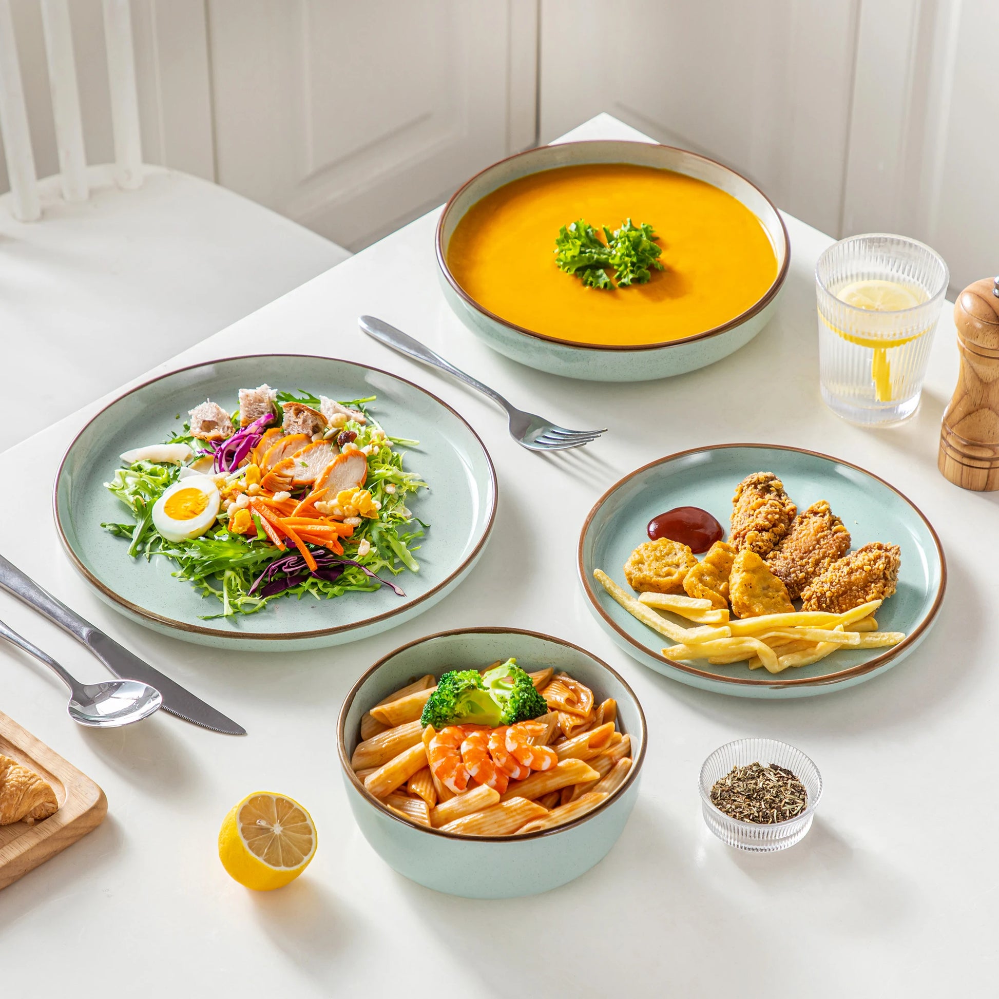 vancasso LOIRE 16/32 Piece Green Ceramic Dinnerware Set Oven Safe Stoneware Set with 4 PCS Dinner Plate/Dessert Plate/Soup/ Bowl