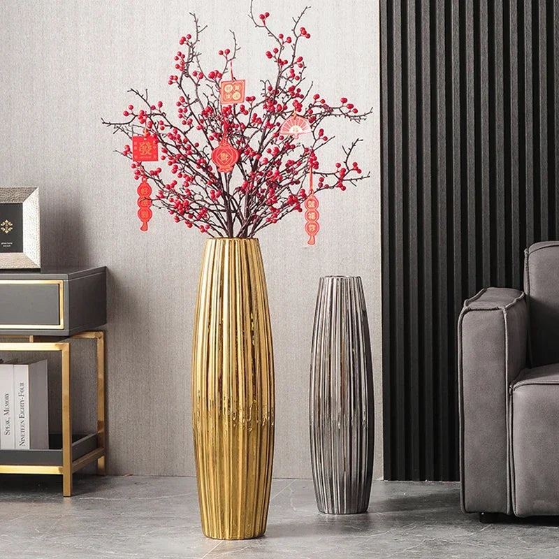 Nordic Ceramics Flower Vase for Entrance Light Luxury High-end Household Vase Large Electroplating Floor-standing Vase for Hotel