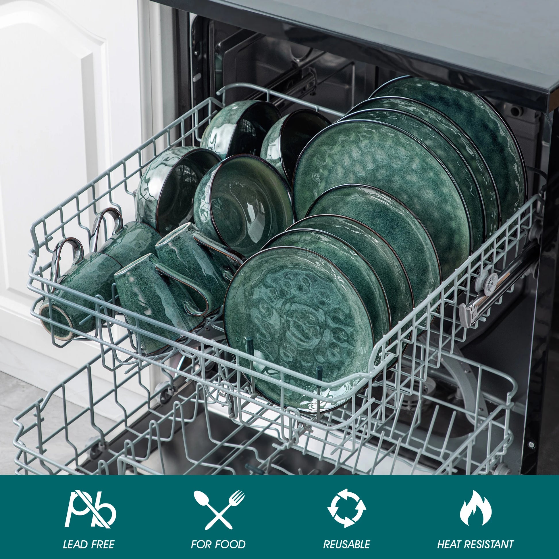 vancasso 16/32-Piece Starry Green Dinner Set,Kiln Change Glaze Tableware Dinner Set with Dinner Plate,Dessert Plate,Bowl,Mug