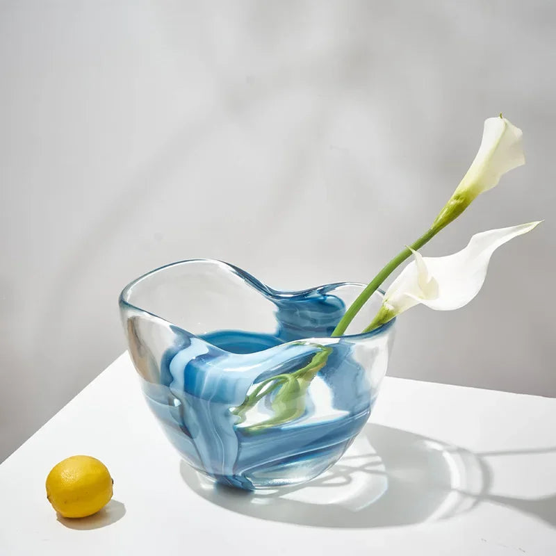 Nordic Style Handmade Transparent Pleated Blue Phoenix Tail Glass Vase Flower Table Model Room Living Room Decoration Flower Pot