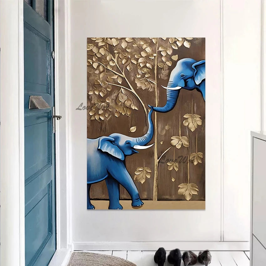 Elephant Design Animal Oil Paintings, No Framed, Gold Foil Textured Abstract Landscape Art Picture, Canvas Wall, High Qualitye
