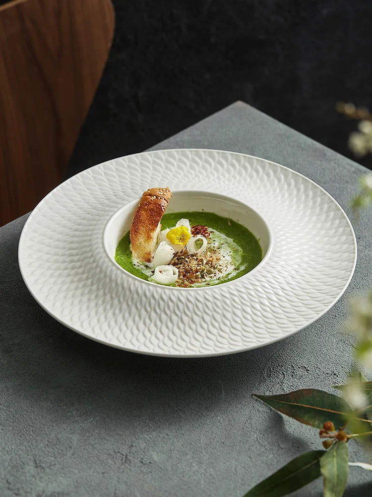 Hotel Embossed Ceramic Plate High Sense of Luxury Western Food Plate Pasta Plate Straw Hat Plate High Value Tableware Soup Plate