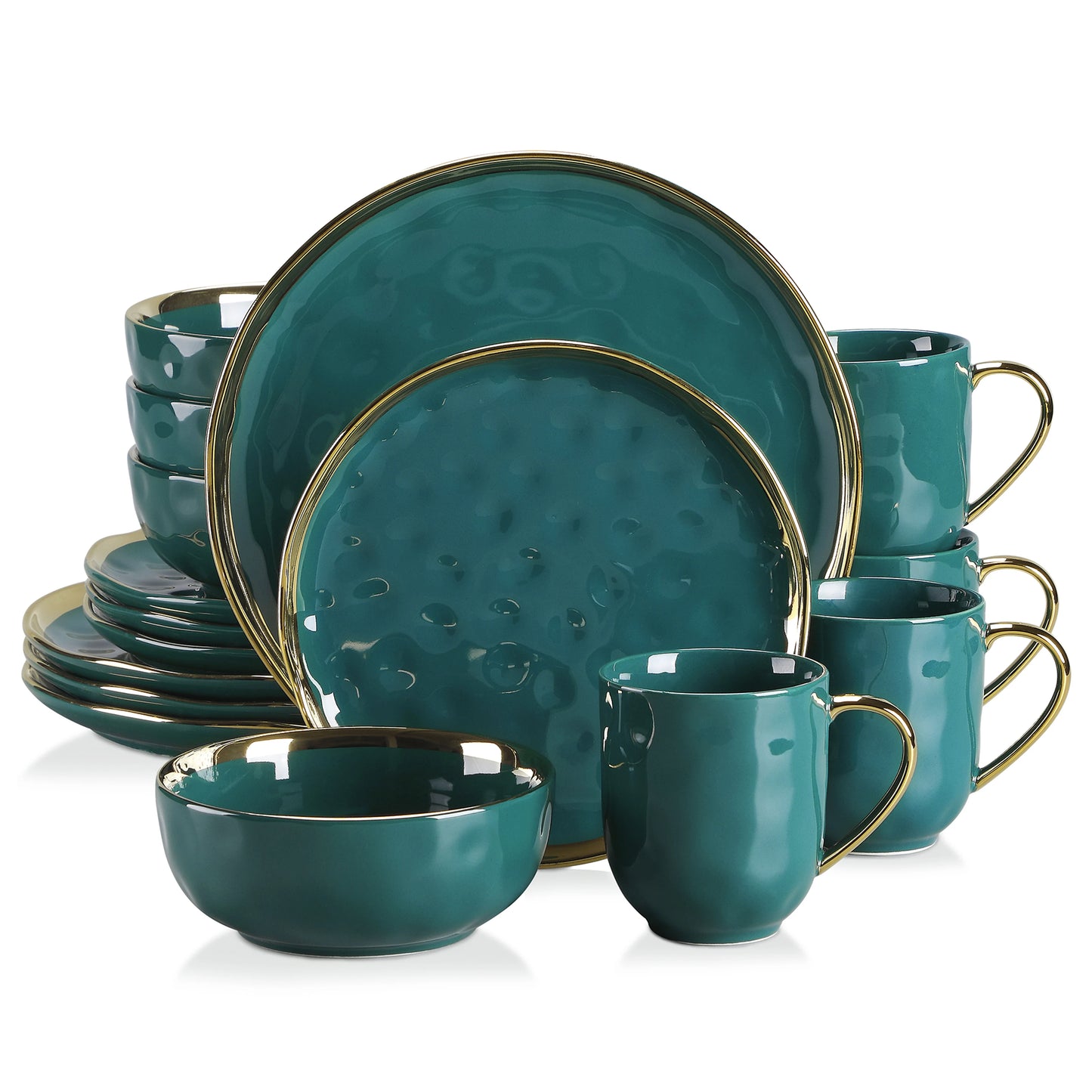 LOVECASA 16/32 Piece Green Porcelain Dinnerware Set with 4PCS Gold Trim Dessert Plate,Dinner Plate,Cup,Bowl Tableware Set