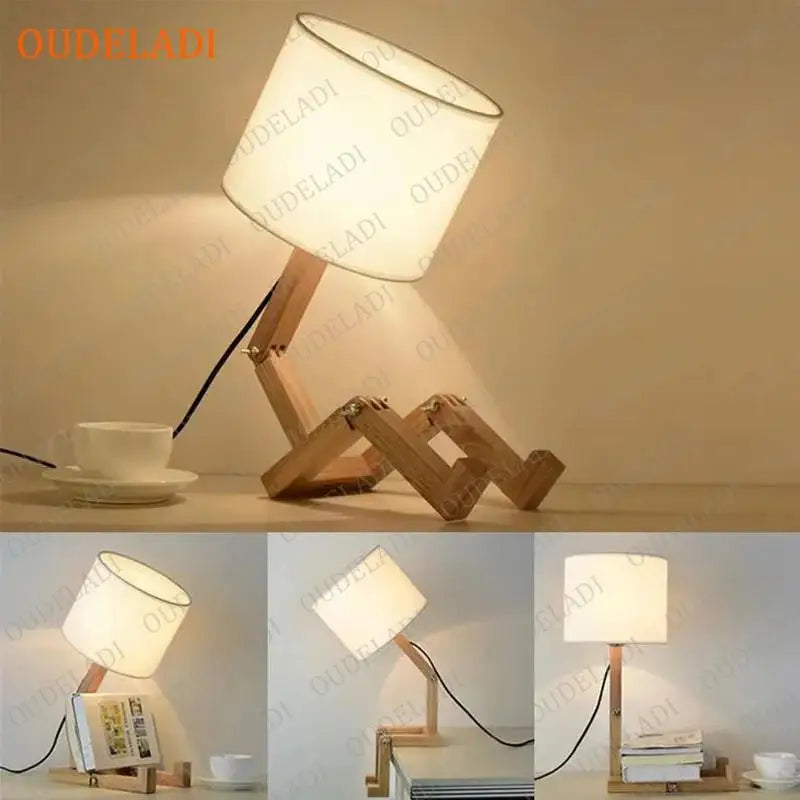 OUDELADI Robot Shape Wooden Table Lamp Modern Cloth Art Wood Desk Table Lamp Decor Luminaires Parlor Study Bedroom Night Light