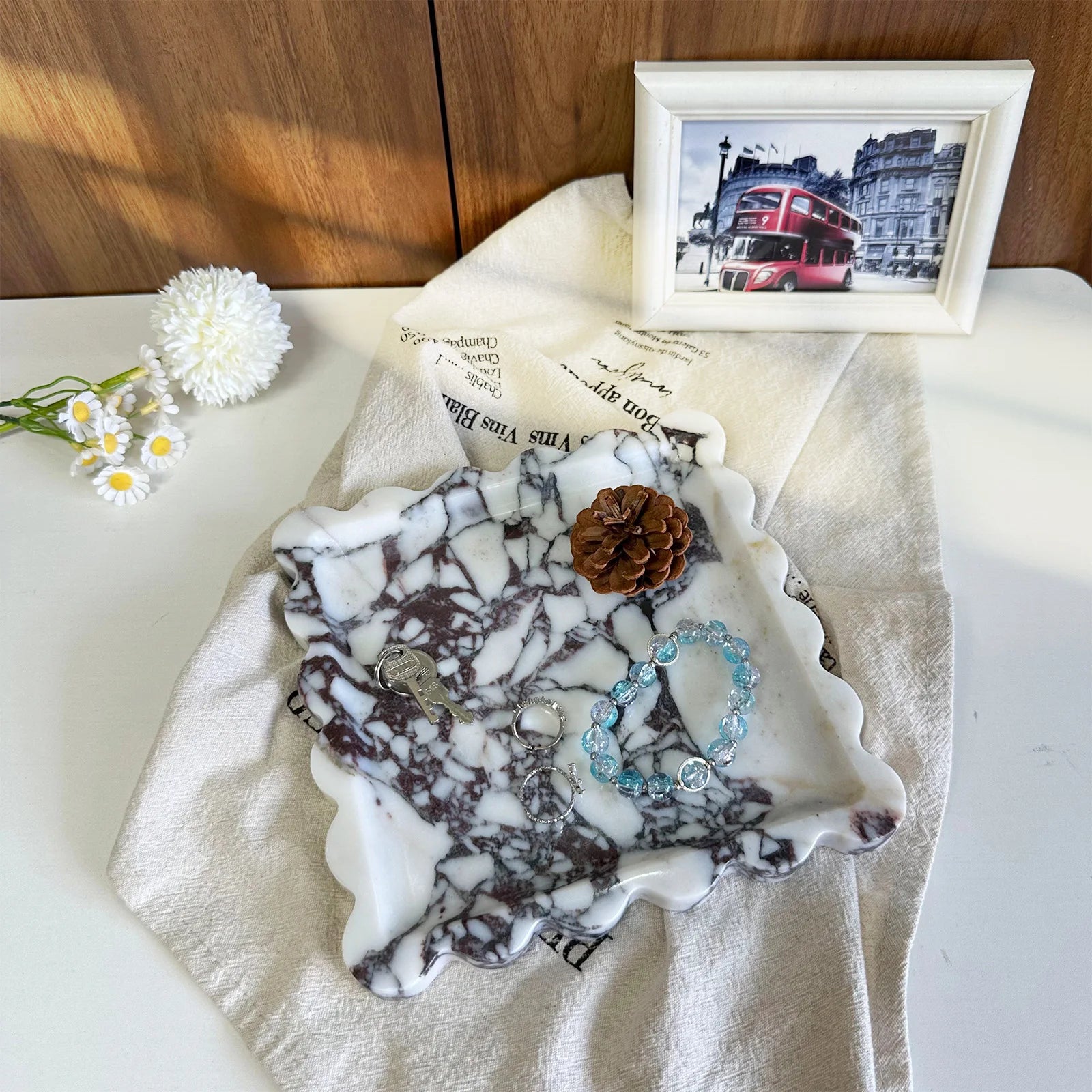 Decorative Travertine Tray, Square Scalloped Edge Natural Stone Jewelry Organizer, Home Decor Storage for Keys Rings Essentials