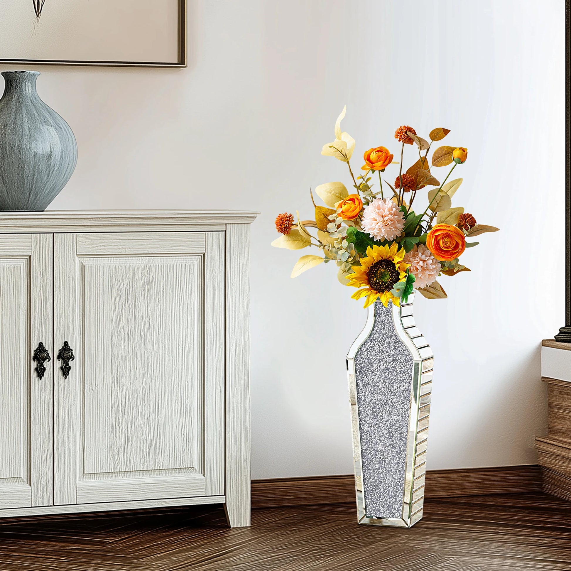 2 Styles Floor Crushed Diamond Mirrored Vase Crystal Silver Glass Decorative Mirror for Holding Pampas Grass Plant, Dried Flower