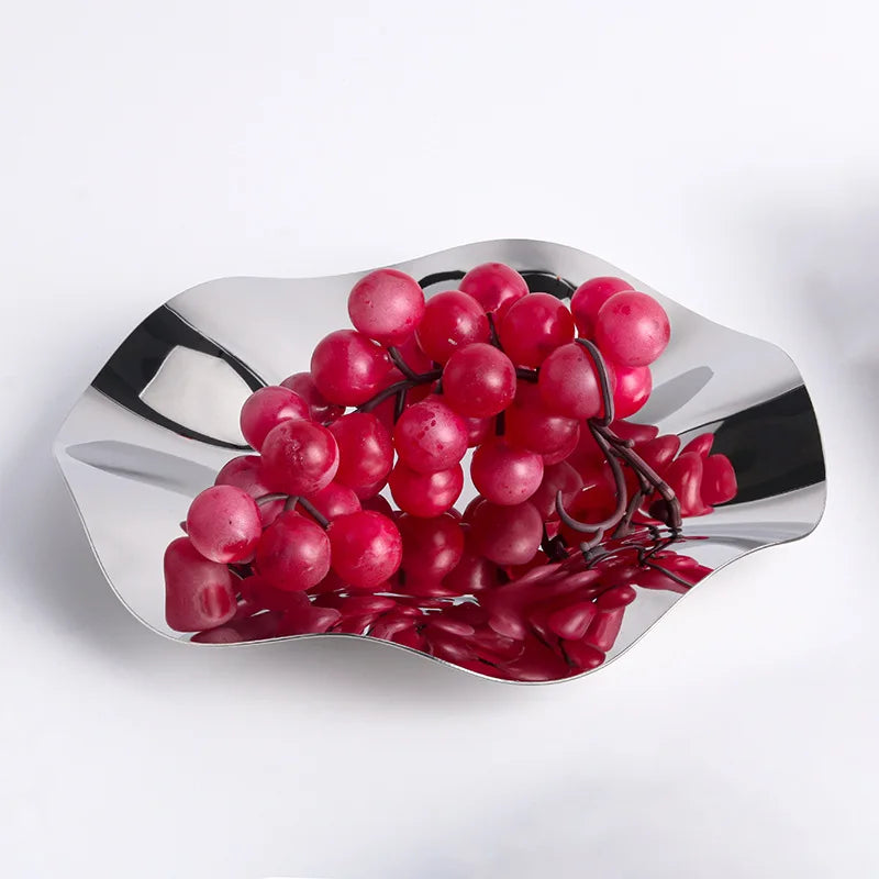 Deluxe Silver Stainless Steel Fruit Tray, Wavy Art Tray, Living Room Table Storage Box, Stainless Steel Decorative Tableware