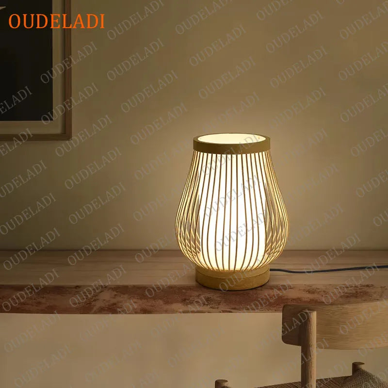 OUDELADI Warm bedside lamp Japanese-style Zen tea room lamps Bedroom tatami decor table lamps Living Room bamboo art desk lights