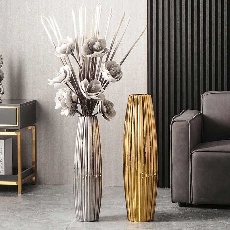 Nordic Ceramics Flower Vase for Entrance Light Luxury High-end Household Vase Large Electroplating Floor-standing Vase for Hotel