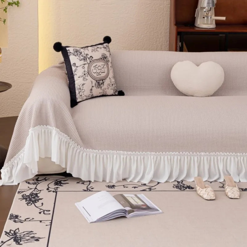 2024 French Country Sofa Cover Patchwork Stretchable Couch Protector Vintage Solid Color Cool Decor Throw Blanket Pleated lace