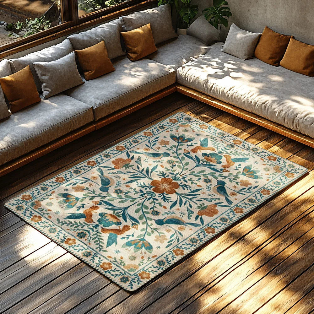 Cream Blue Green Floral Bohemian Rug, Orange Accent Non-Slip Living Room Carpet, Soft Vintage Style Home Decor Mat