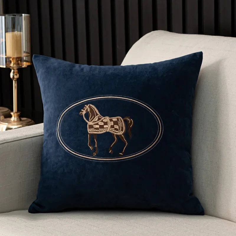 Elegant American Hand-Embroidered Cushion Cover with Horse Design, Perfect for Sofa Home Office Living Room or Car Size 45x45cm