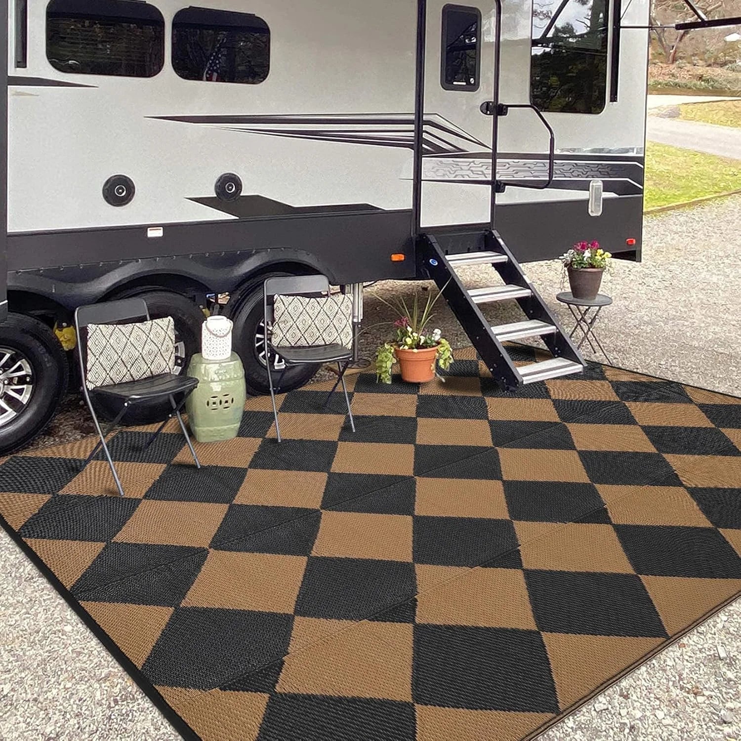 VIKAMA Waterproof Portable Garden Outdoor Rug Double-Sided Outdoor Carpet Camping Caravan Mat Modern Checkered Outdoor Rug