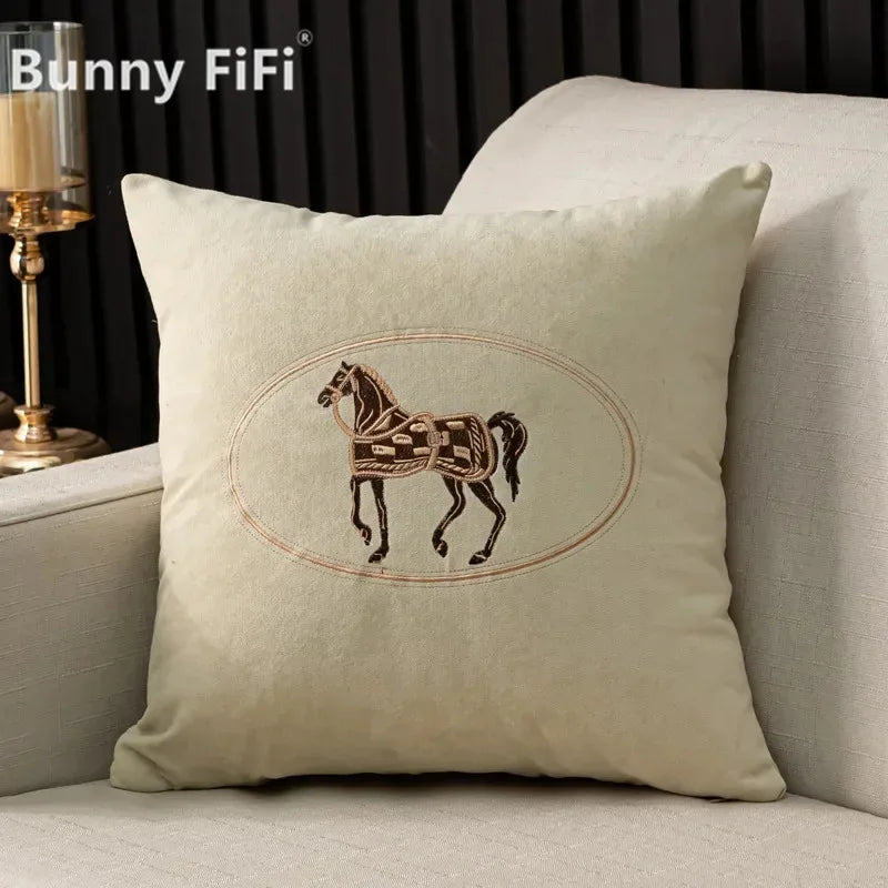 Elegant American Hand-Embroidered Cushion Cover with Horse Design, Perfect for Sofa Home Office Living Room or Car Size 45x45cm