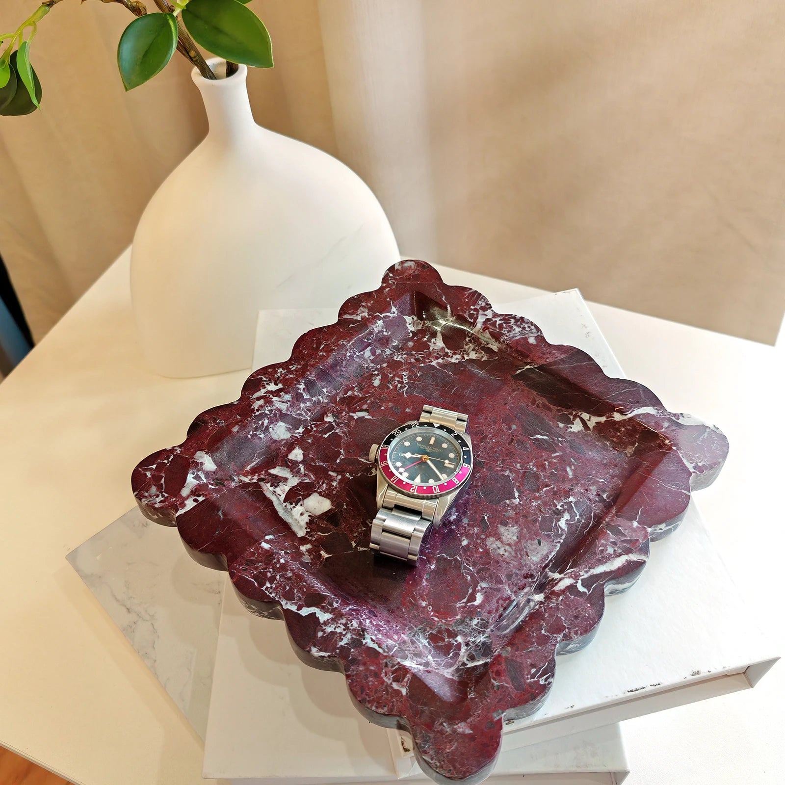 Decorative Travertine Tray, Square Scalloped Edge Natural Stone Jewelry Organizer, Home Decor Storage for Keys Rings Essentials