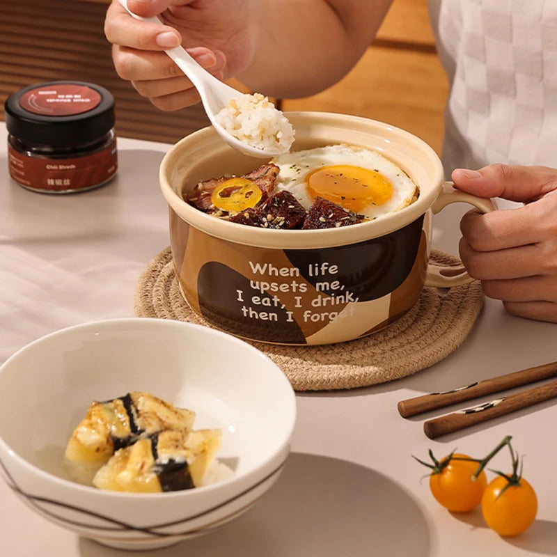 Ceramic Ramen Bowl and Little Rice Bowl Spoon Set, 700ml Instant Noodle Bowl, 400ml Oatmeal Bowl, White Spoon Microwave Safe