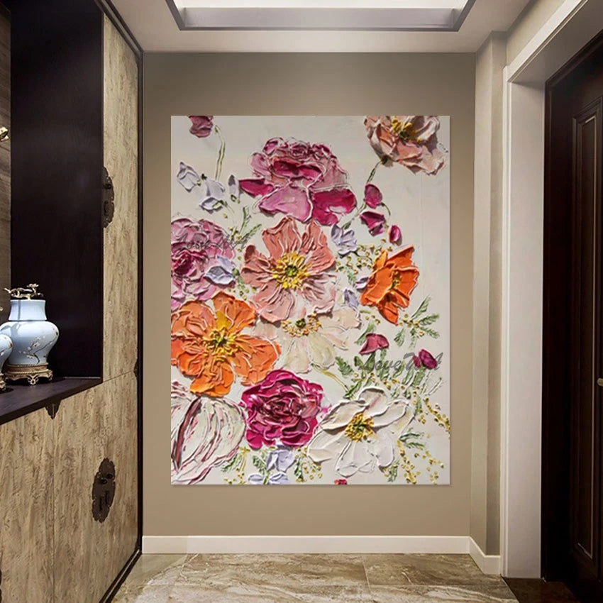 Pink Acrylic Design, Abstract Flowers Oil Paintings, Beautiful Floral Wall, Canvas Picture, No Framed, Art Gallery Showpiece