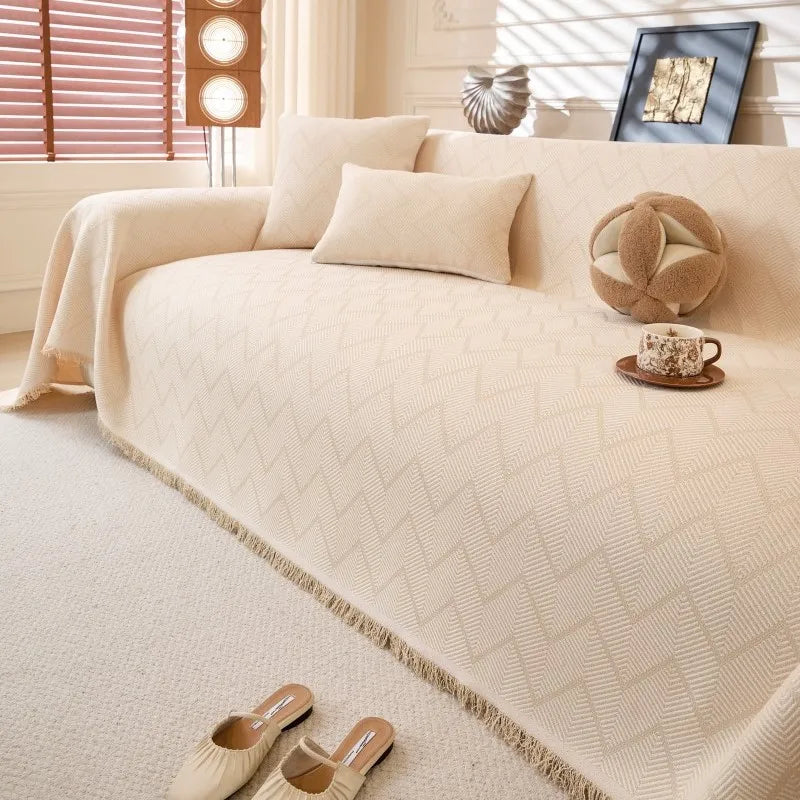 All-Season Universal Full Coverage Non-Slip Couch Imitation Llinen Solid Couch Camping Blanket Vintage Wave Pattern Sofa Cover