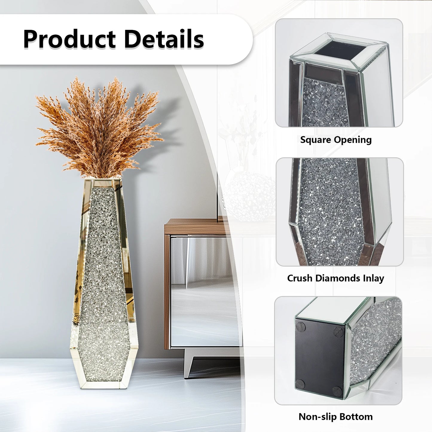 2 Styles Floor Crushed Diamond Mirrored Vase Crystal Silver Glass Decorative Mirror for Holding Pampas Grass Plant, Dried Flower