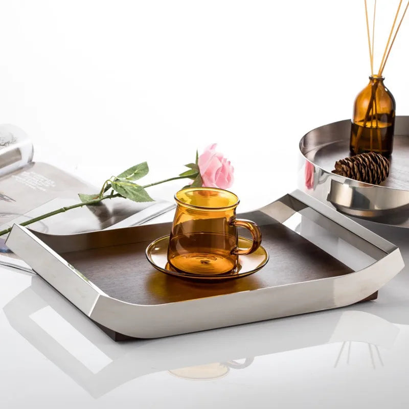 Mirror Stainless Steel Decorative Wooden Tray, Fruit Tray, Rectangular Metal Storage Tray with Handle, Desktop Storage Container