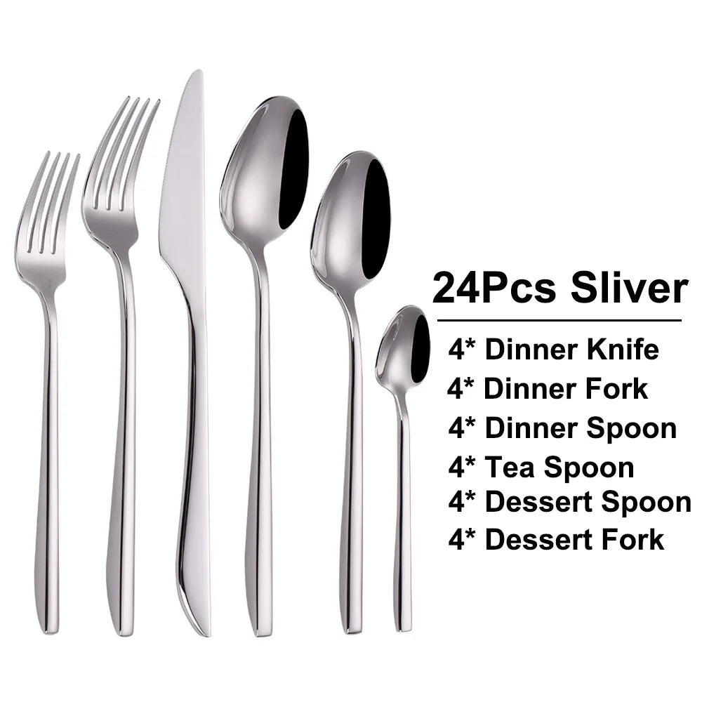 6/16/20/24/28Pcs Cutlery Set Stainless Steel 304 Tableware Mirror Sliver Dinner Set Western Knife Fork Spoon Elegant Flatware